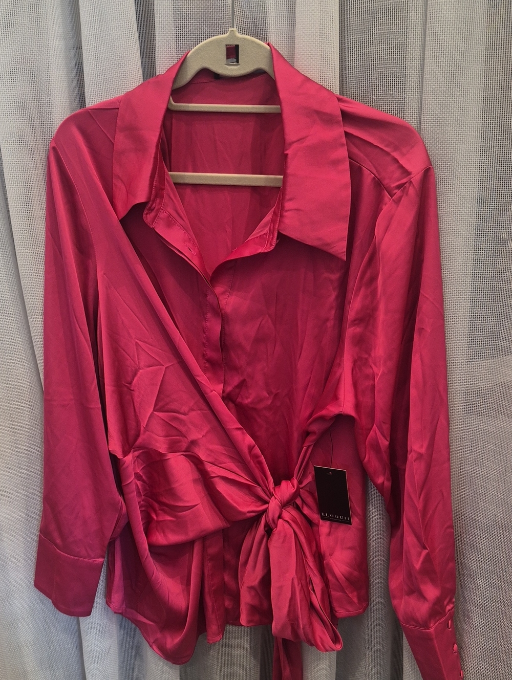 Eloquii Fuchsia Satin Tie-Front Blouse